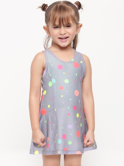 

iO Girls Silver-Coloured & Pink Polka Printed A-Line Swimwear