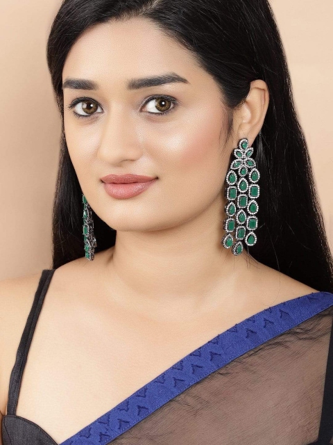 

rubans LUXURY Green Silver-Plated Handcrafted Classic Drop Earrings