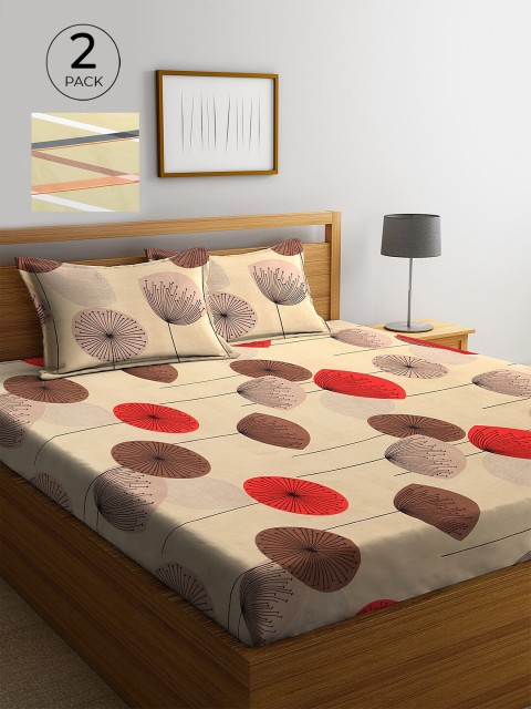 

KLOTTHE Beige & Red Floral 210 TC 2 King Bedsheet with 4 Pillow Covers