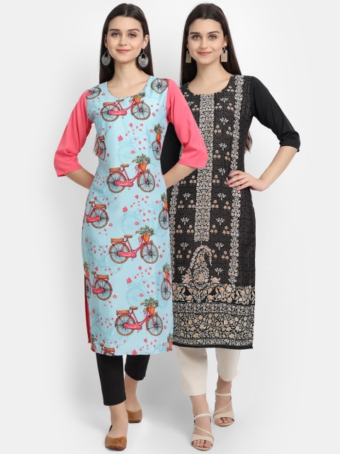 

Ethnic basket Women Multi Floral Embroidered Crepe Kurta Pack of 2
