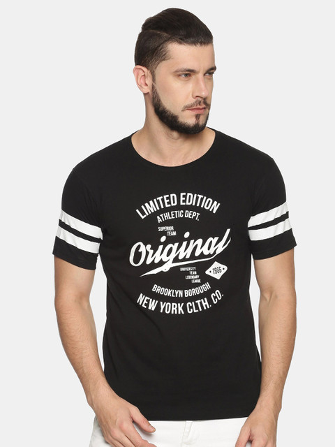 

MASH UNLIMITED Men Black Typography Printed Raw Edge Slim Fit T-shirt
