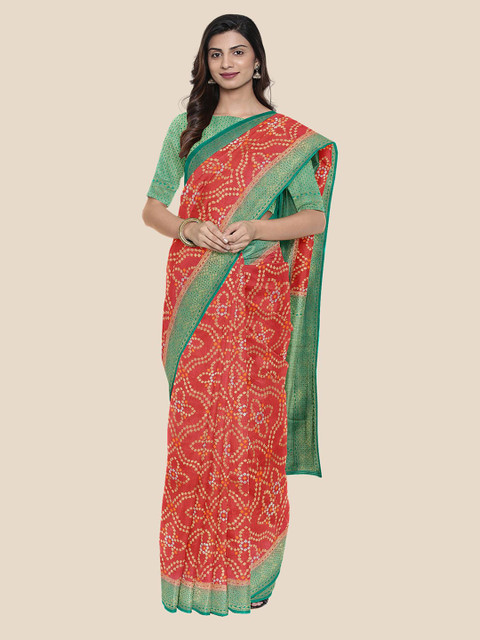 

Kalamandir Red & Green Bandhani Silk Blend Banarasi Saree