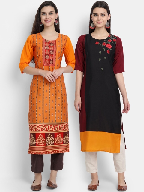 

Ethnic basket Women Pack Of 2 Orange & Black Floral Printed Crepe Kurta