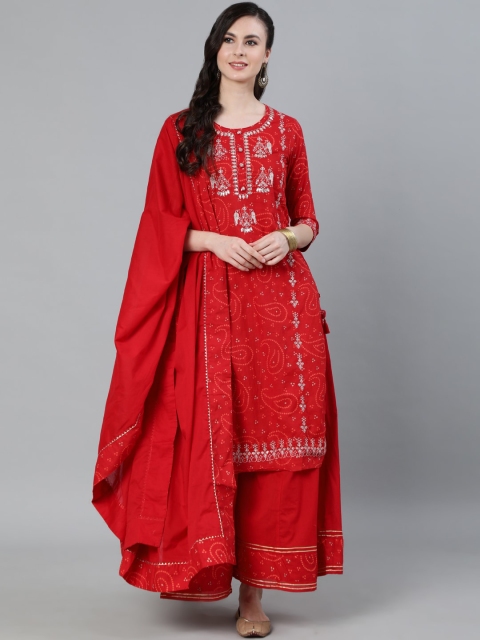 Ishin DESIGNER STUDIO Women Red Pure Cotton Embroidered Kurta & Skirt With Dupatta