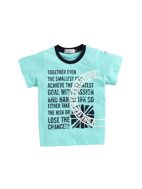 

Noddy Boys Turquoise Blue & Black Typography Printed Raw Edge T-shirt