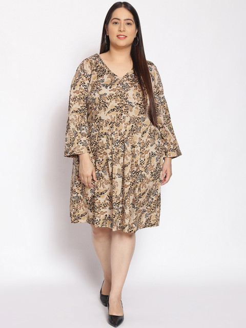 

Oxolloxo Women Brown Autumn Fall Printed Plus Size Satin A Line Dress
