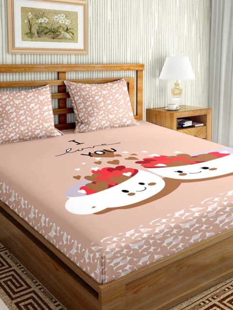 

BELLA CASA Pink & Brown Graphic 144 TC Cotton King Bedsheet with 2 Pillow Covers