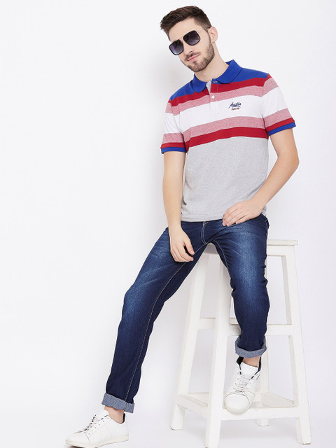 

Austin wood Men White & Grey Striped Polo Collar T-shirt