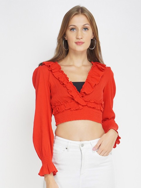 

Oxolloxo Women Red Ruffles Pure Cotton Crop Top