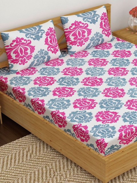 

METRO LIVING White & Pink Ethnic Motifs 120 TC Queen Bedsheet with 2 Pillow Covers