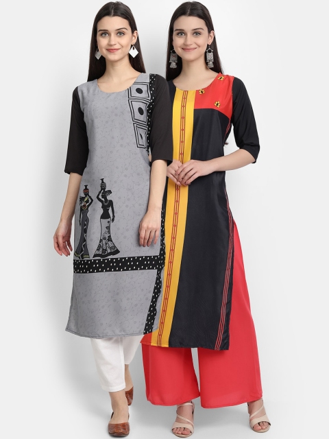 

Ethnic basket Women Pack Of 2 Black & Grey Colourblocked Crepe Kurtas