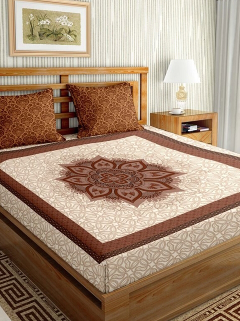 

BELLA CASA Peach & Brown Ethnic Motifs 144 TC King Bedsheet with 2 Pillow Covers