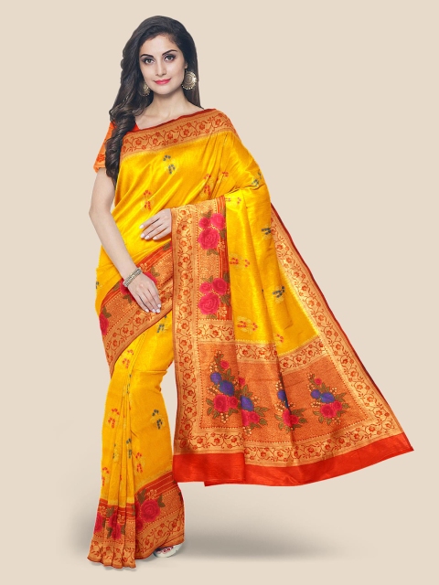 

Kalamandir Yellow & Red Ethnic Motifs Zari Silk Blend Banarasi Saree