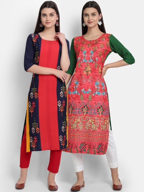 

Ethnic basket Women Pack of 2 Red & Navy Blue Colourblocked Crepe Kurta