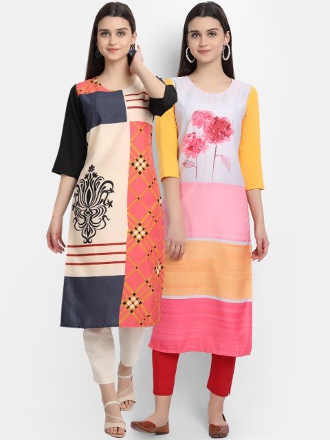

Ethnic Basket Women Crepe Multi Color Digital Printed Three Quarter Sleeves Straight Kurta