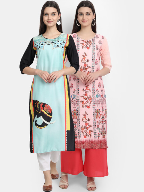 

Ethnic basket Women Pack of 2 Turquoise Blue & Pink Geometric Printed Crepe Kurta