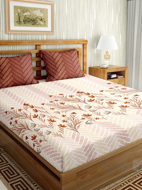 

BELLA CASA Peach & Brown Floral 144 TC Cotton King Bedsheet with 2 Pillow Covers