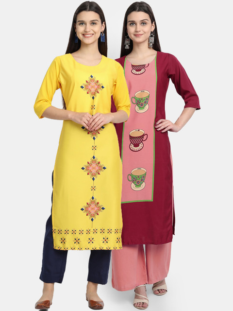 

Ethnic basket Women Multi Ethnic Motifs Embroidered Flared Sleeves Thread Work Crepe Kurta