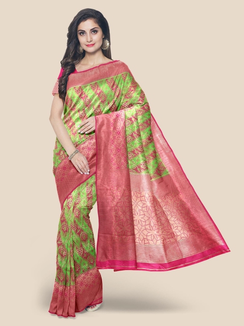 

Kalamandir Green & Pink Ethnic Motifs Zari Silk Blend Banarasi Saree