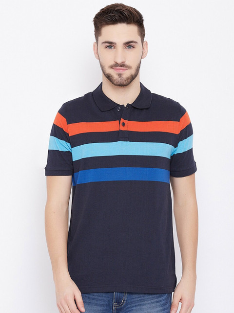 

Austin wood Men Navy Blue Striped Polo Collar Cotton T-shirt