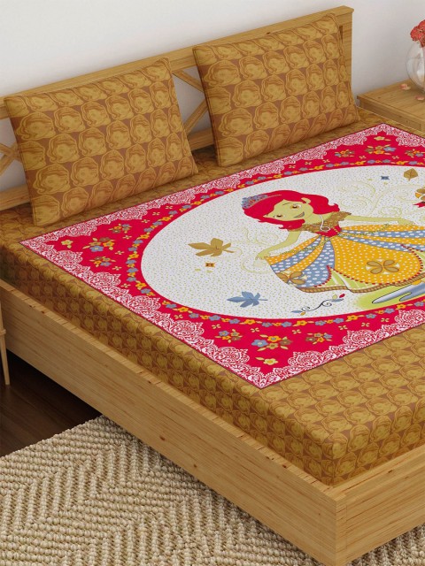 

METRO LIVING Brown & Red Floral 120 TC Cotton Queen Bedsheet with 2 Pillow Covers