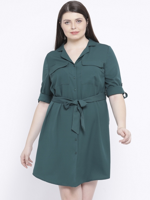 

Oxolloxo Women Green Satin Plus Size Shirt Dress With Tie-up Details