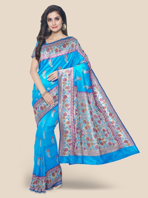 

Kalamandir Blue & Pink Floral Silk Blend Banarasi Saree