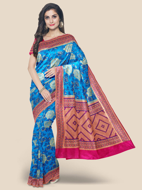 

Kalamandir Blue & Pink Floral Silk Blend Banarasi Saree