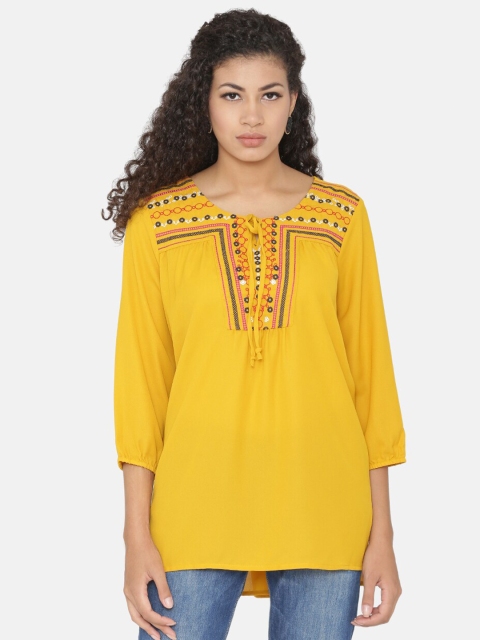 

Yaadleen Yellow Tribal Crepe Styled Back Top
