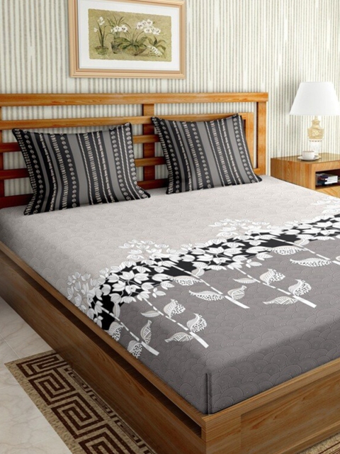 

BELLA CASA Grey & Off White Floral 144 TC King Bedsheet with 2 Pillow Covers