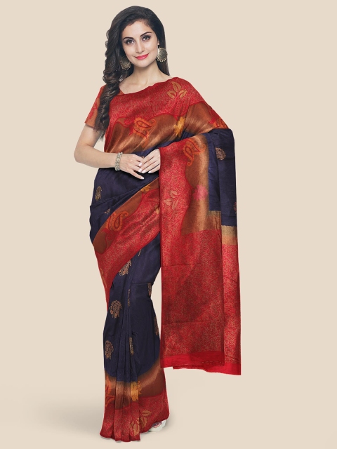 

Kalamandir Navy Blue & Red Ethnic Motifs Silk Blend Banarasi Saree