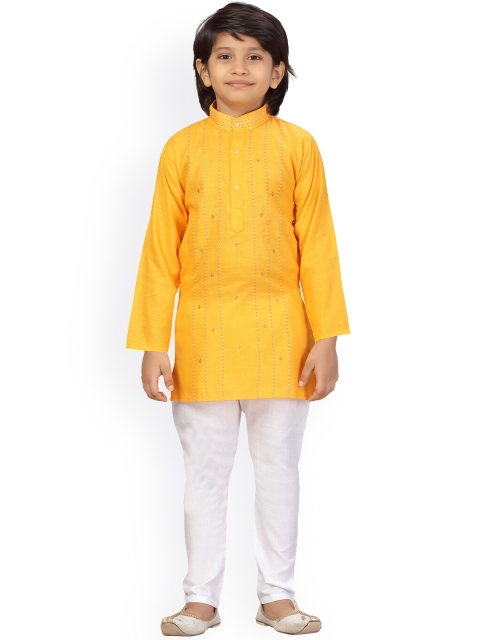 

LITTLE MAFIA BY Aarika Boys Yellow& White Embroidered Pure Cotton Kurta with Pyjamas