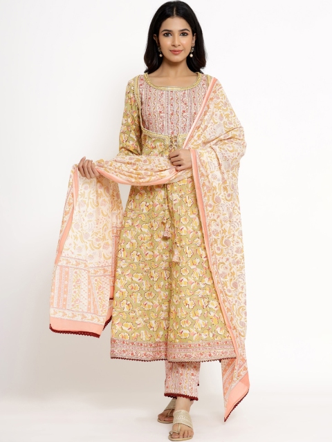 

ANAISA Women Green Ethnic Motifs Printed Regular Pure Cotton Kurta with Trousers & With Dupatta