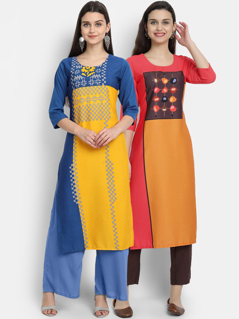 

Ethnic basket Women Pack Of 2 Blue & Red Geometric Digitally Printed Crepe Kurta