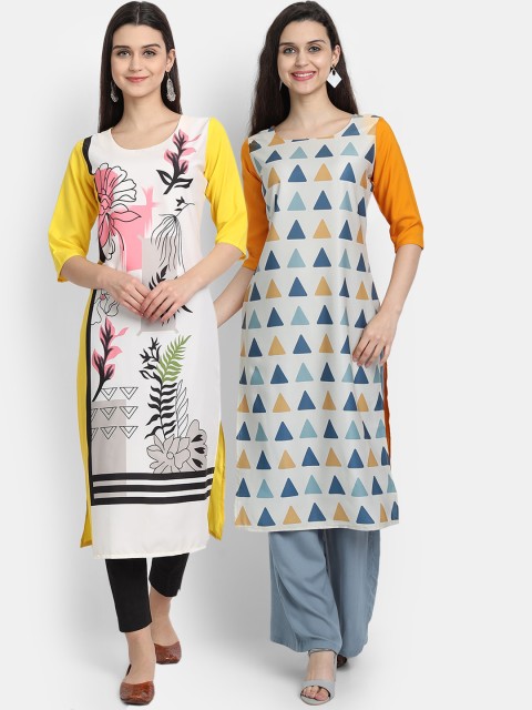 

Ethnic basket Women Pack Of 2 White & Grey Floral Printed Crepe Kurtas