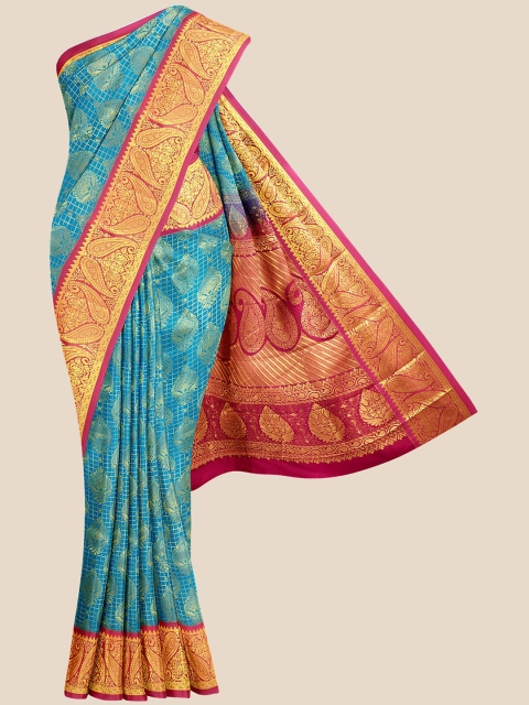 

Kalamandir Blue & Pink Ethnic Motifs Zari Silk Blend Kanjeevaram Saree