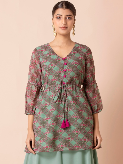 

INDYA X Payal Singhal Women Green & Pink Floral Printed Flared Sleeves Kurta