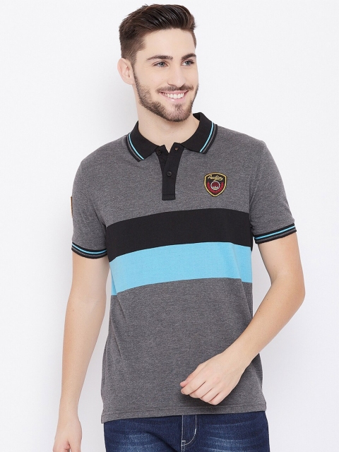 

Austin wood Men Grey Striped Polo Collar Cotton T-shirt