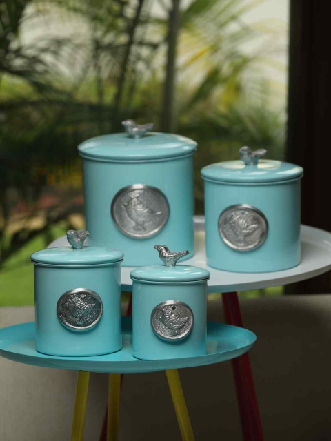 

Amoliconcepts Set Of 4 Blue & Silver-Toned Bird Design Canisters