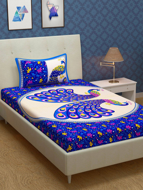 

METRO LIVING Blue & White Ethnic Motifs 104 TC Cotton Single Bedsheet with 1 Pillow Covers