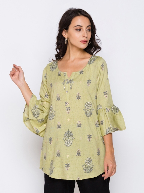

TANKHI Olive Floral Printed Flared Sleeves Kurti