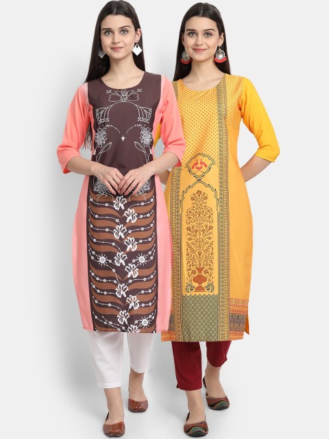 

Ethnic basket Women Pack Of 2 Peach & Yellow Floral Printed Crepe Kurta