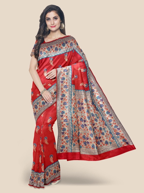 

Kalamandir Red & Blue Floral Zari Silk Blend Banarasi Saree