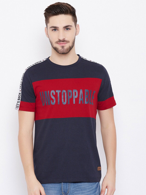 

Austin wood Men Navy Blue & Red Colourblocked Applique T-shirt