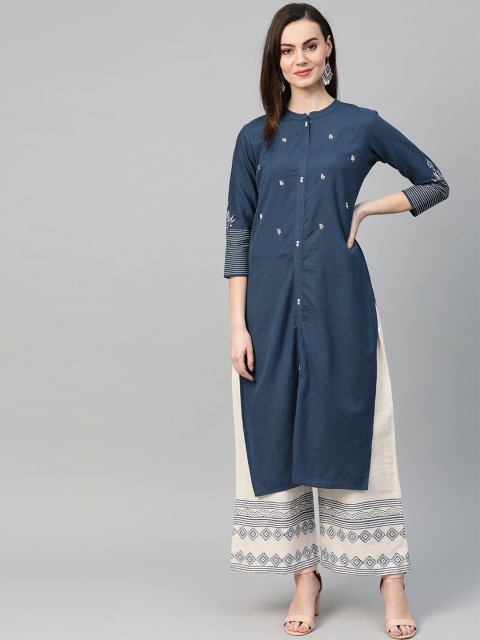 

Yufta Women Navy Blue Floral Yoke Design Pure Cotton Kurta with Palazzos