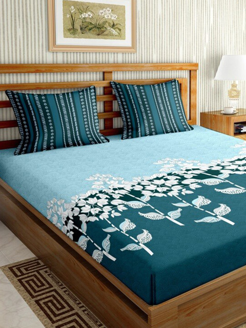 

BELLA CASA Teal Blue & White Floral 144 TC King Bedsheet with 2 Pillow Covers