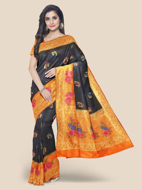 

Kalamandir Black & Orange Ethnic Motifs Zari Silk Blend Banarasi Saree