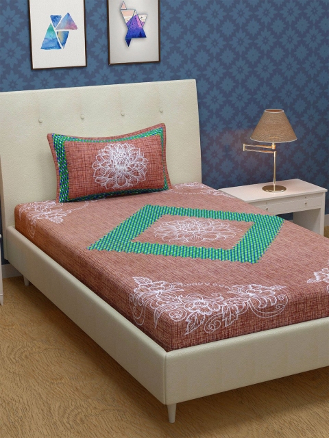 

METRO LIVING Brown & Green Floral 104 TC Cotton Single Bedsheet with 1 Pillow Covers