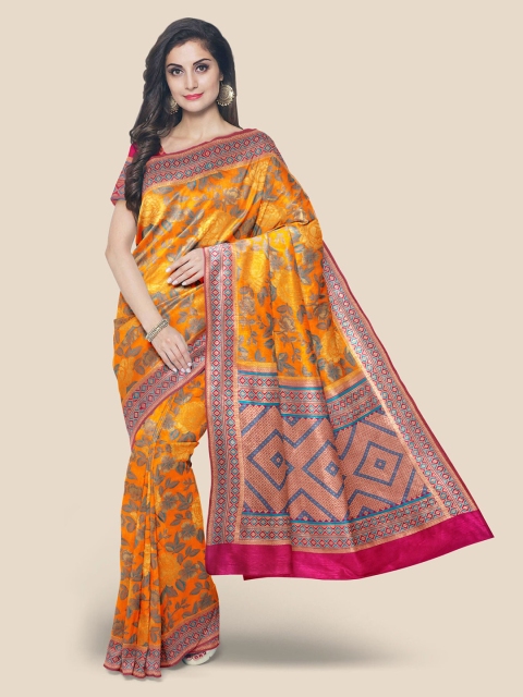 

Kalamandir Yellow & Pink Floral Zari Silk Blend Banarasi Saree