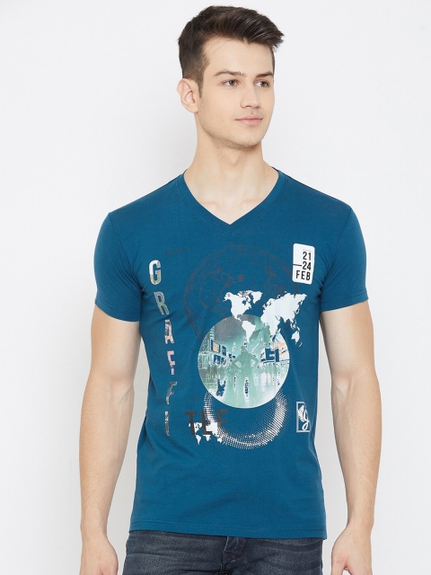 

Duke Men Blue Printed V-Neck Raw Edge T-shirt